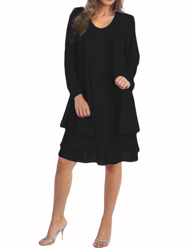 Patchwork chiffon hosszú ujjú két részes ruhaszett, Plus Size