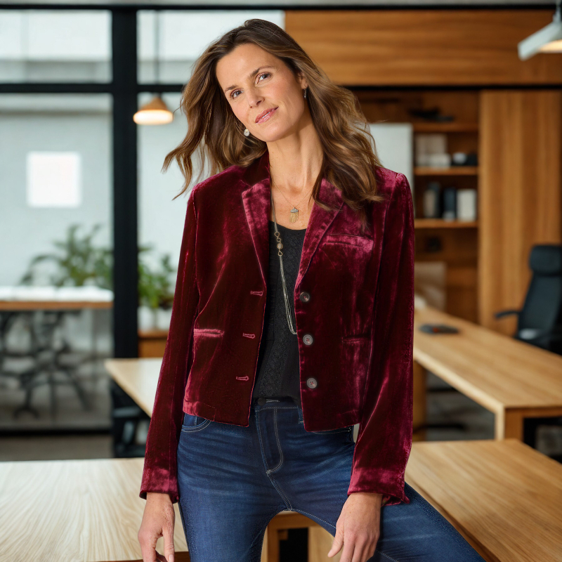 Blazer damă din catifea auriu, croială slim, lungime scurtă, rever, stil occidental