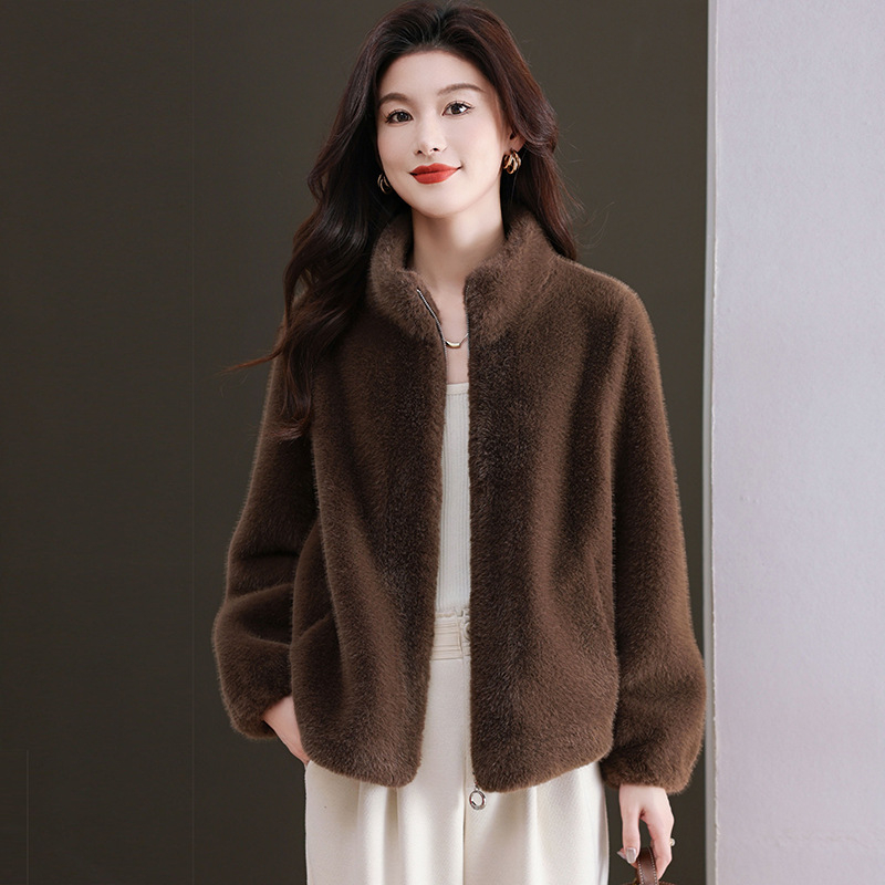 2024 női műmink prémes kabát, rövid fazon, laza szabású, meleg téli kabát, álló gallérral és cipzárral