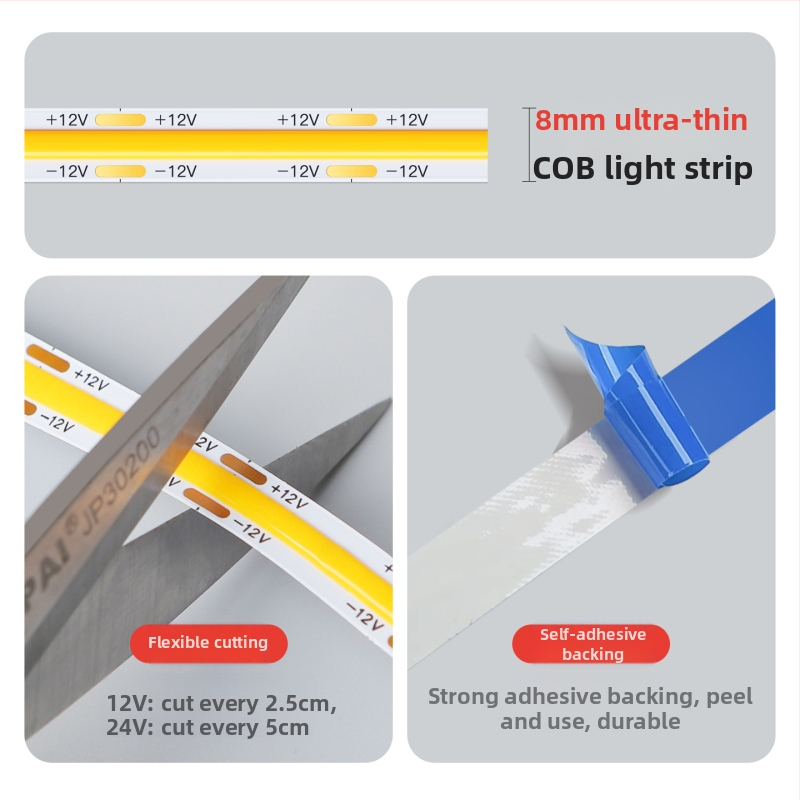 Šarolika COB LED traka, niskonaponska 12V/24V, samoljepljiva, RGBW, za kućnu dekoraciju i atmosferu bara, ledeno plava svjetlost