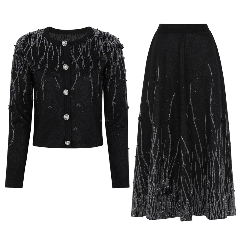 2620 Set cardigan tricotat și fustă midi evazată pentru femei