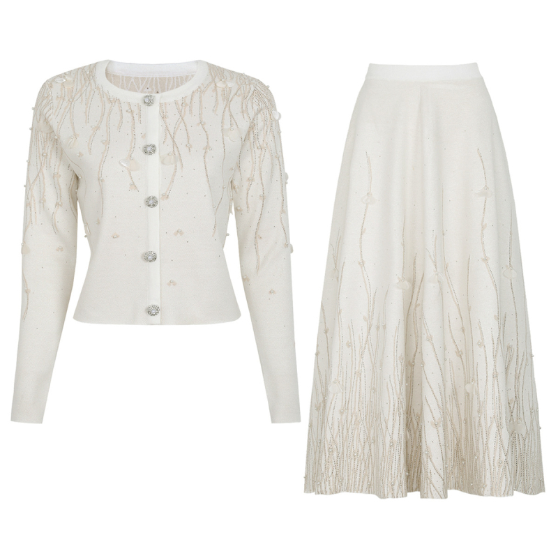 2620 Set cardigan tricotat și fustă midi evazată pentru femei