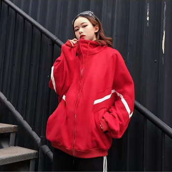 Ženski dukserica s visokim ovratnikom, flis podstavljena, prugasti blok boja, zip i džepovi sa šnimom, u stilu Korea Harajuku BF