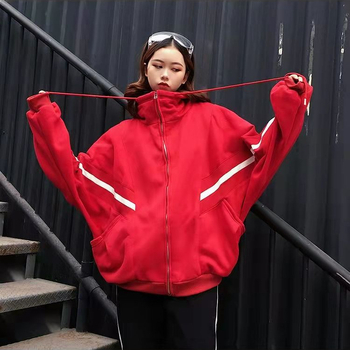 Ženski dukserica s visokim ovratnikom, flis podstavljena, prugasti blok boja, zip i džepovi sa šnimom, u stilu Korea Harajuku BF