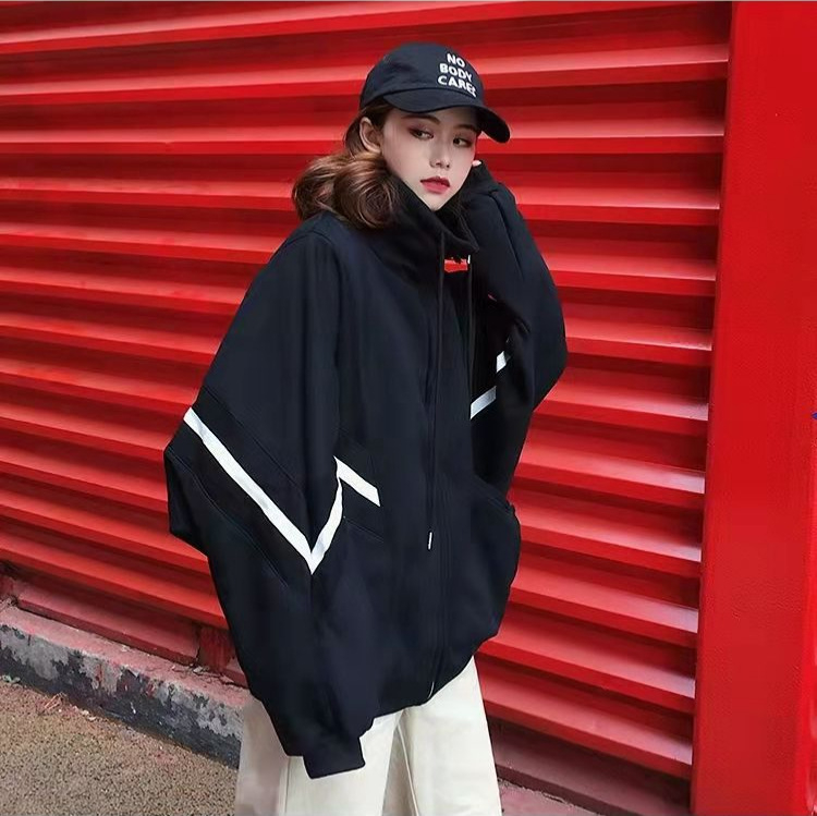 Ženski dukserica s visokim ovratnikom, flis podstavljena, prugasti blok boja, zip i džepovi sa šnimom, u stilu Korea Harajuku BF