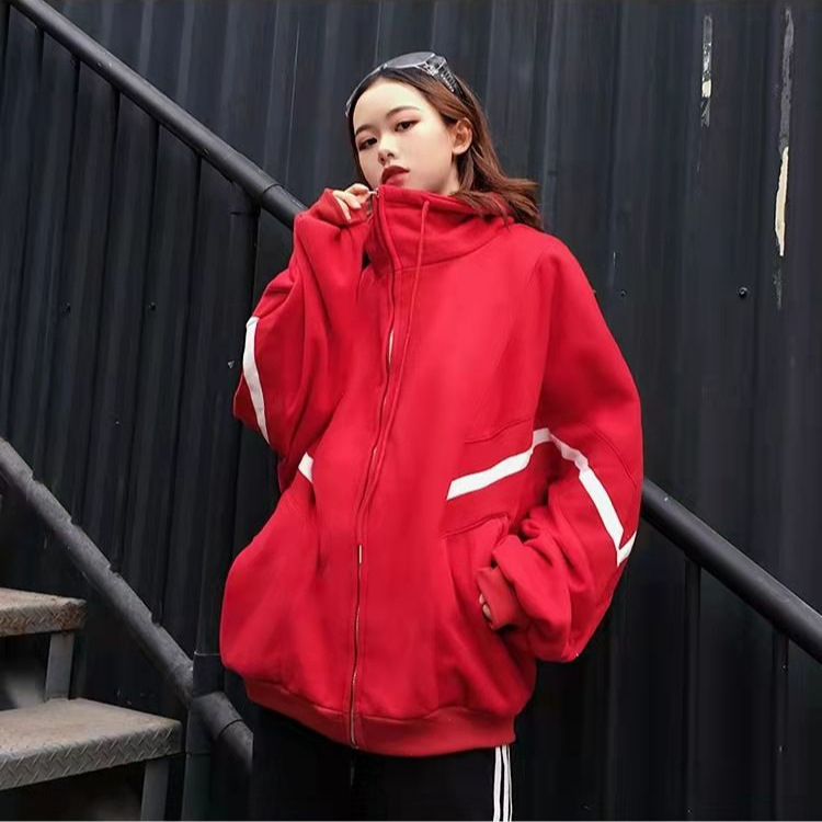 Ženski dukserica s visokim ovratnikom, flis podstavljena, prugasti blok boja, zip i džepovi sa šnimom, u stilu Korea Harajuku BF
