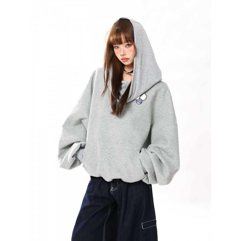Ženski hoodie s kapuljom i gumbima, visok ovratnik, širok kroj, casual jesen 2025