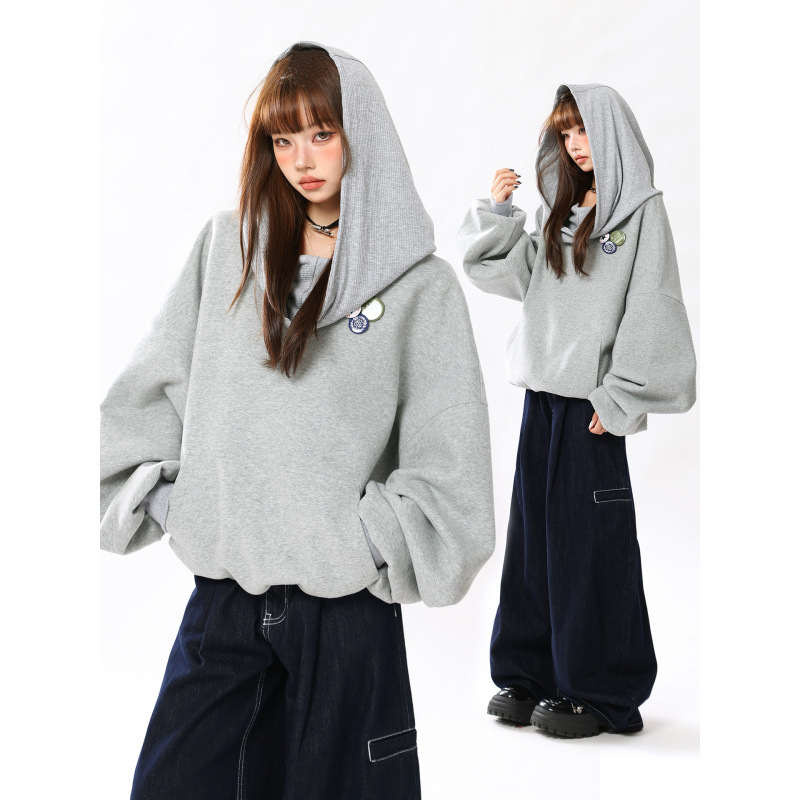 Ženski hoodie s kapuljom i gumbima, visok ovratnik, širok kroj, casual jesen 2025