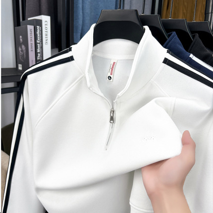Férfi hosszú ujjú galléros pulóver fél-zip, pamut-keverék, egyszínű, laza szabás