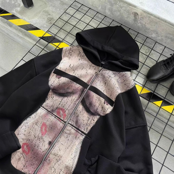 Harajuku ihletésű női kapucnis pulóver nyomtatott mintával, őszi stílus, zipzárral, hosszú ujjú