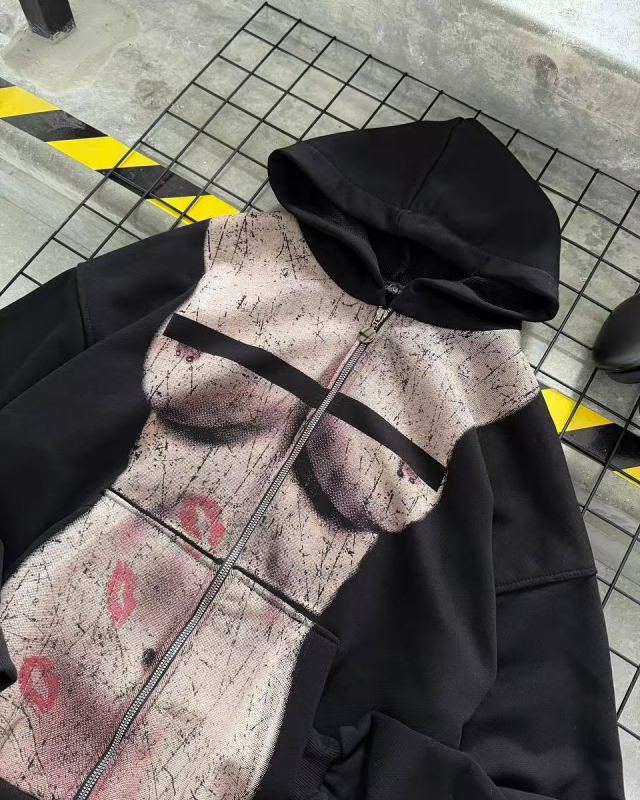 Harajuku ihletésű női kapucnis pulóver nyomtatott mintával, őszi stílus, zipzárral, hosszú ujjú