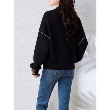 Ženski sweatshirt s stojećim ovratnikom u kineskom stilu, jesenski dizajn, crna, dugi rukav, casual top