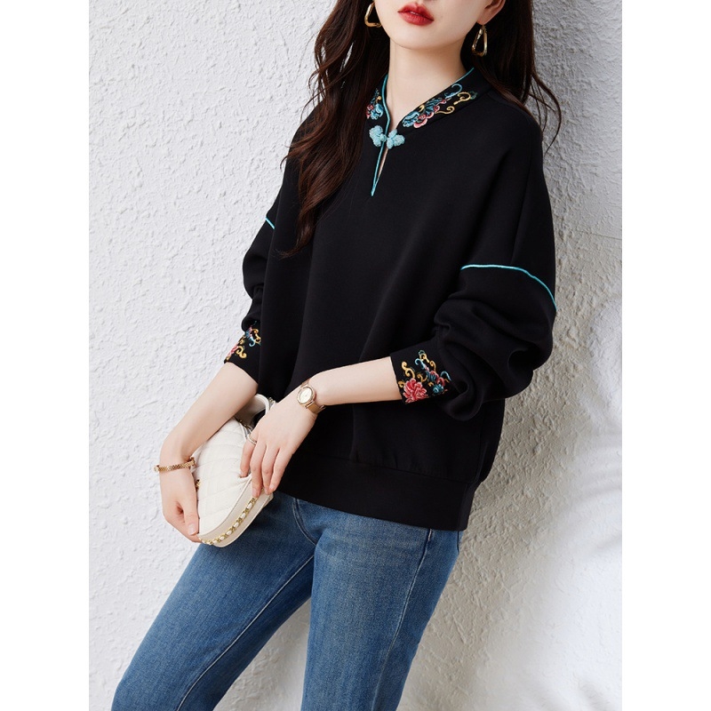 Ženski sweatshirt s stojećim ovratnikom u kineskom stilu, jesenski dizajn, crna, dugi rukav, casual top