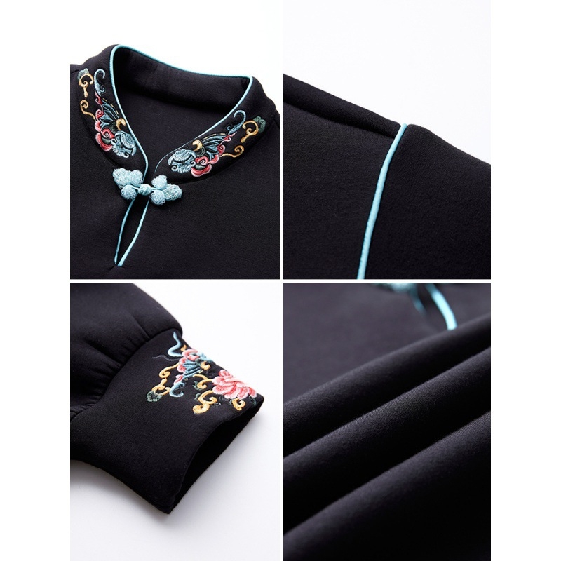 Ženski sweatshirt s stojećim ovratnikom u kineskom stilu, jesenski dizajn, crna, dugi rukav, casual top
