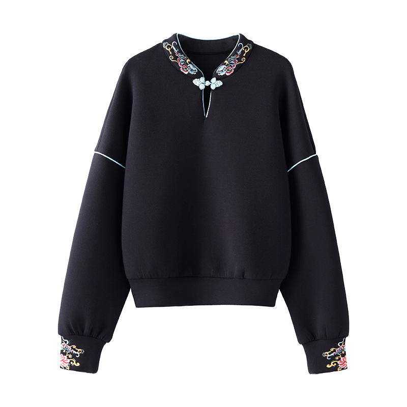 Ženski sweatshirt s stojećim ovratnikom u kineskom stilu, jesenski dizajn, crna, dugi rukav, casual top