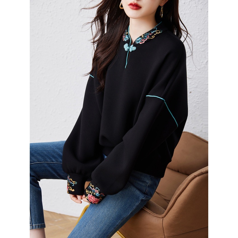 Ženski sweatshirt s stojećim ovratnikom u kineskom stilu, jesenski dizajn, crna, dugi rukav, casual top