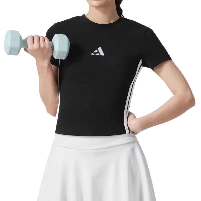 Tijesni top s kratkim rukavima, vezenim logom i tri pruge, ženski ljetni ležerni T-Shirt