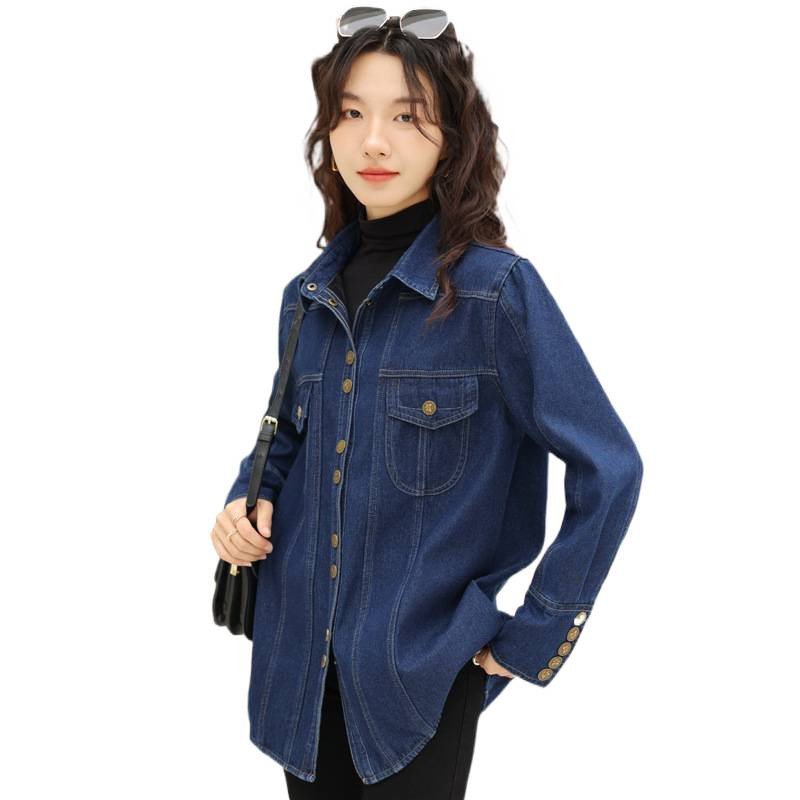Női denim-ing retró hongkongi stílusban, őszi-téli 2026 kollekció, hosszú rétegezhető felső, puha francia stílus