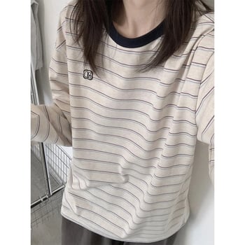 Ženski dugi rukav prugasti T-shirt u japanskom retro stilu, proljeće 2025, malog rasta, opušteni kroj, studentski stil