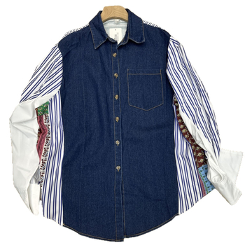 Ženska džins košulja s prugama i patchworkom, opuštena kroj, dugi rukav, polo ovratnik, gradski stil, jesen 2025