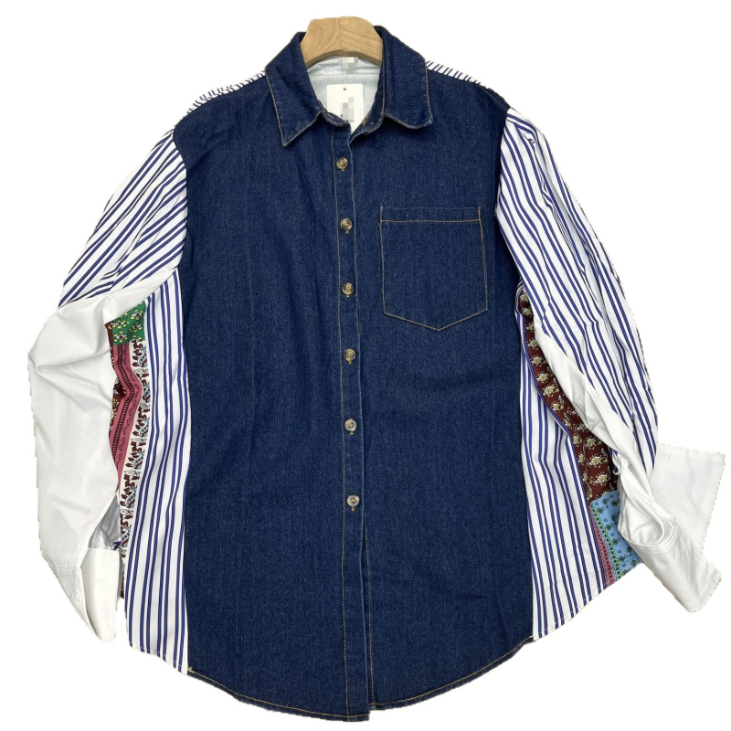 Ženska džins košulja s prugama i patchworkom, opuštena kroj, dugi rukav, polo ovratnik, gradski stil, jesen 2025