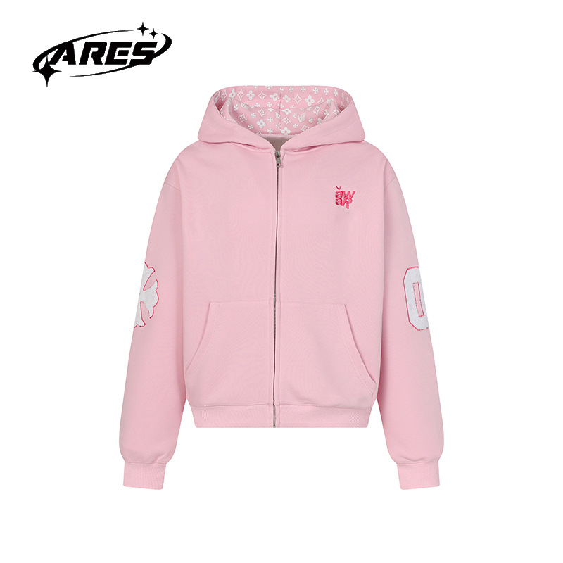 ARES pamut fleece belsős kapucnis kardigán cipzárral, betűmintával, férfiaknak