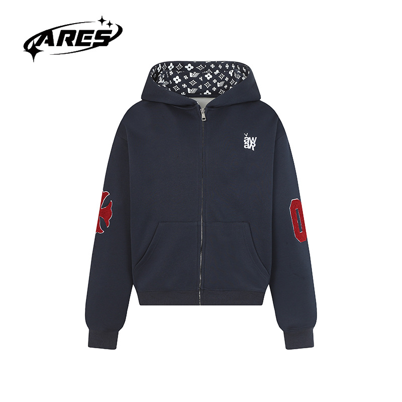 ARES pamut fleece belsős kapucnis kardigán cipzárral, betűmintával, férfiaknak