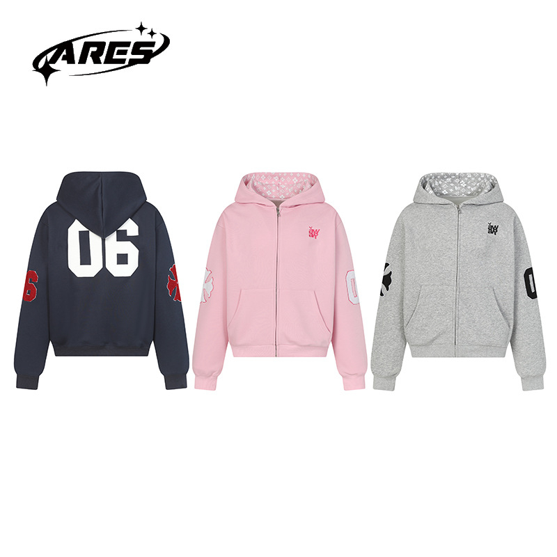 ARES pamut fleece belsős kapucnis kardigán cipzárral, betűmintával, férfiaknak