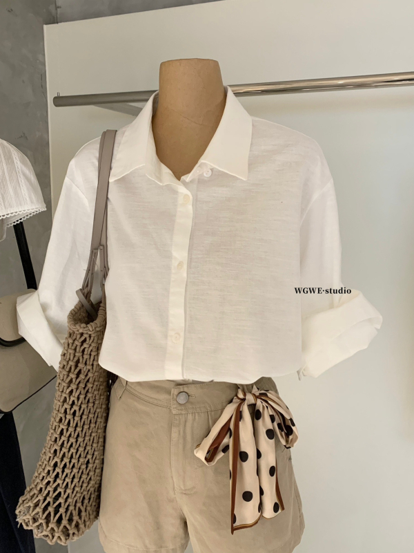 WGWE8910 Proljetna bluza od lana i pamuka, opuštenog kroja, jednofarbna, polo ovratnik, dugi rukav, casual top za žene