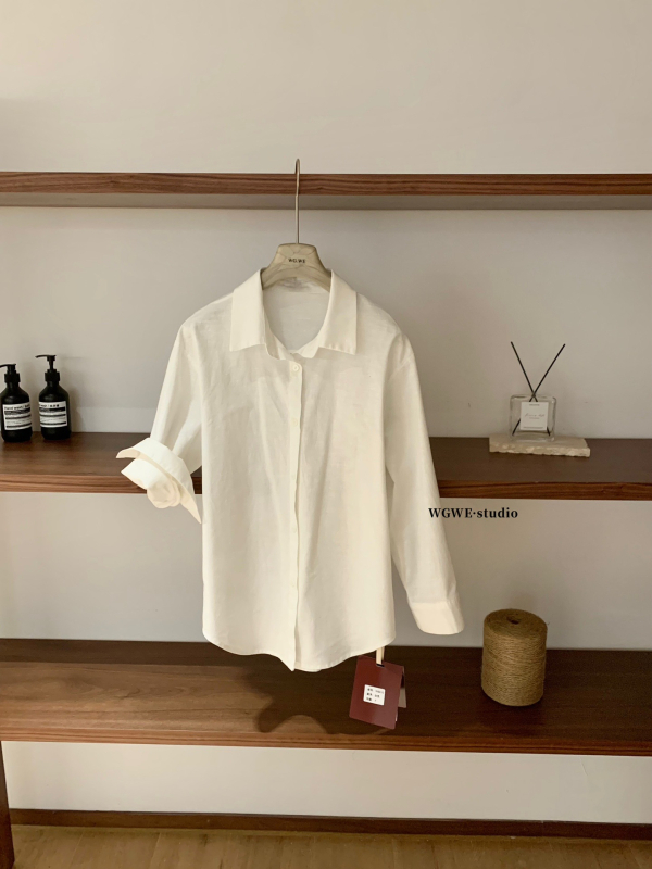 WGWE8910 Proljetna bluza od lana i pamuka, opuštenog kroja, jednofarbna, polo ovratnik, dugi rukav, casual top za žene