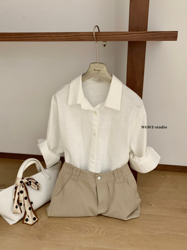 WGWE8910 Proljetna bluza od lana i pamuka, opuštenog kroja, jednofarbna, polo ovratnik, dugi rukav, casual top za žene