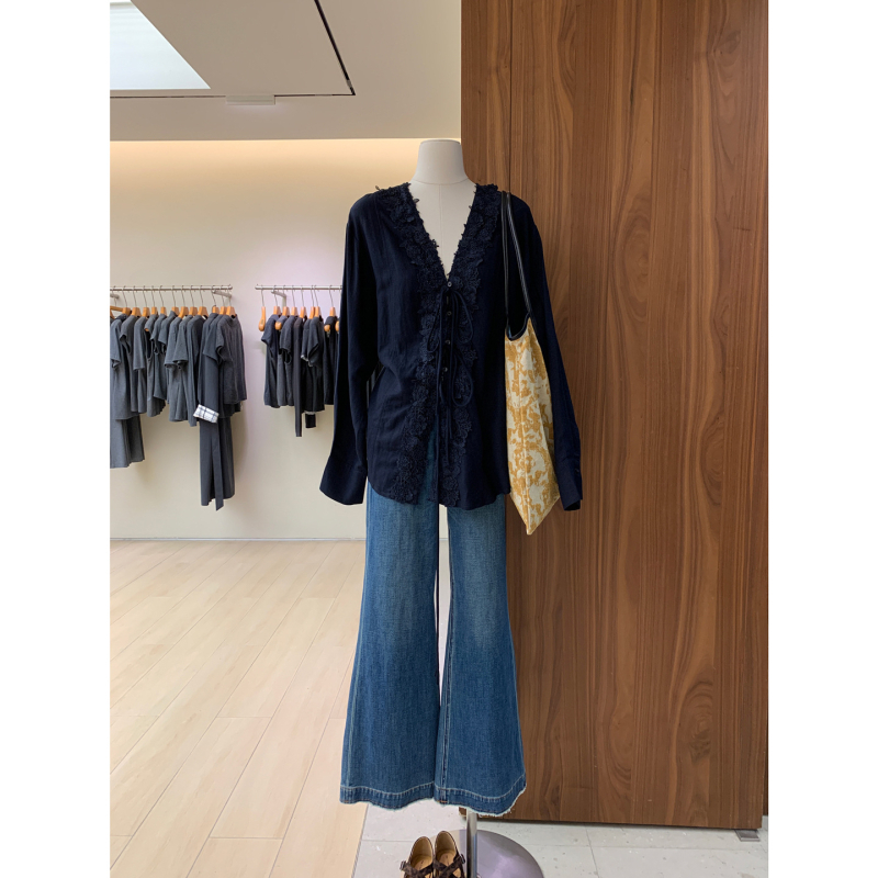 Bluza s V izrezom i šnirkama, dugi rukavi, 3D vez i čipka, širokog kroja, pamuk-linen materijal, francuski stil