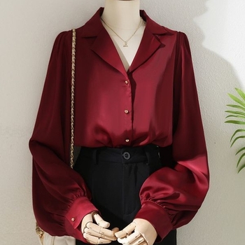 Francuska retro crvena košulja s ovratnikom u stilu sakoa, satenski materijal, dugi rukavi, za žene