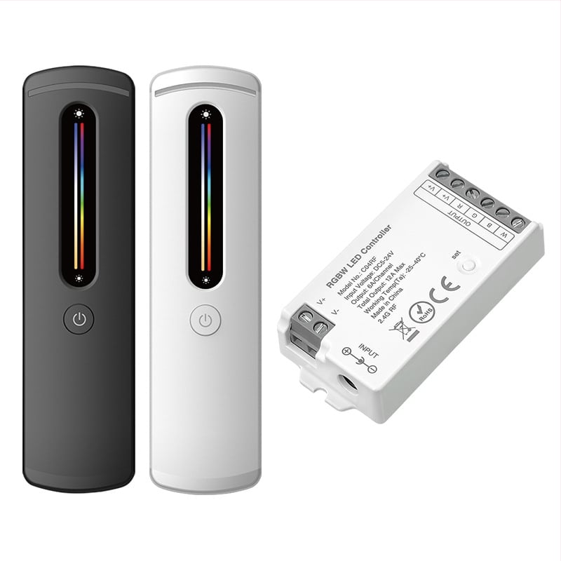 C04RF nízkonapäťový RGBW LED pás dimmer ovládač s ultra tenkým dotykovým posuvníkom, 2,4 GHz RF