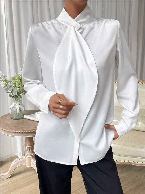Ženska košulja s dugim rukavima, stojeći ovratnik i traka, elegantan gradski stil