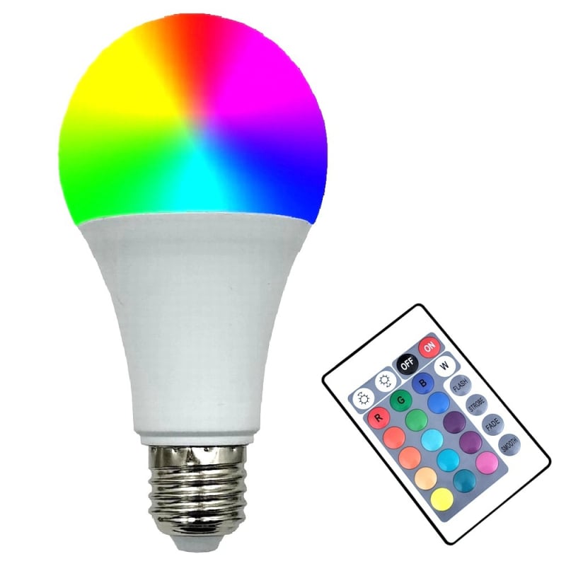 LED лампа с дистанционно управление, RGB цветно осветление, база E27, 270° лъчение, 960 lm