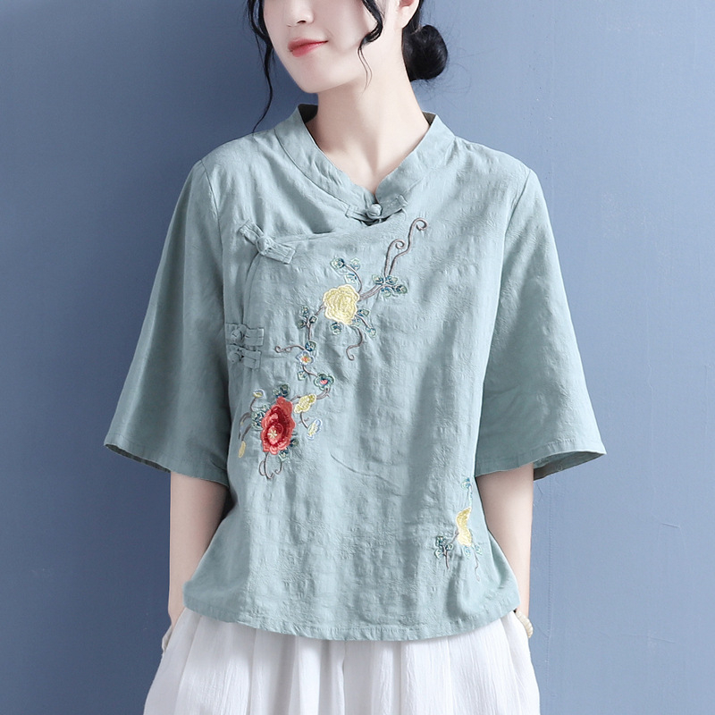 Ženska bluza s etničkim stilom, plus veličine, stojeći ovratnik, diagonno zatvaranje, vezeni detalj, vintage stil, pamuk i lan