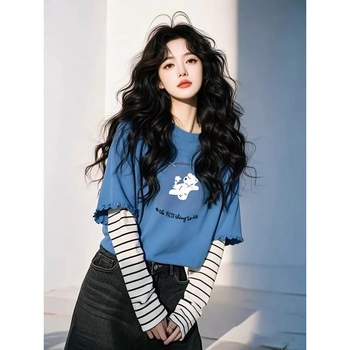 Ženska majica s dugim rukavima s kontrastnim blokovima i efektom lažnog dvodijelnog dizajna, jesen-zima, retro američki stil, opušten kroj