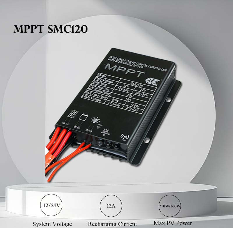 SMC120 регулатор за повишаване на напрежението за улично осветление MPPT, 12A/120W, 98% КПД