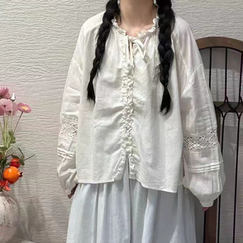 Mori Girl stil: čipkasti ovratnik s vezom, puff rukavi, košulja od pamuka i lana, dugi rukavi, proljeće, slobodan kroj
