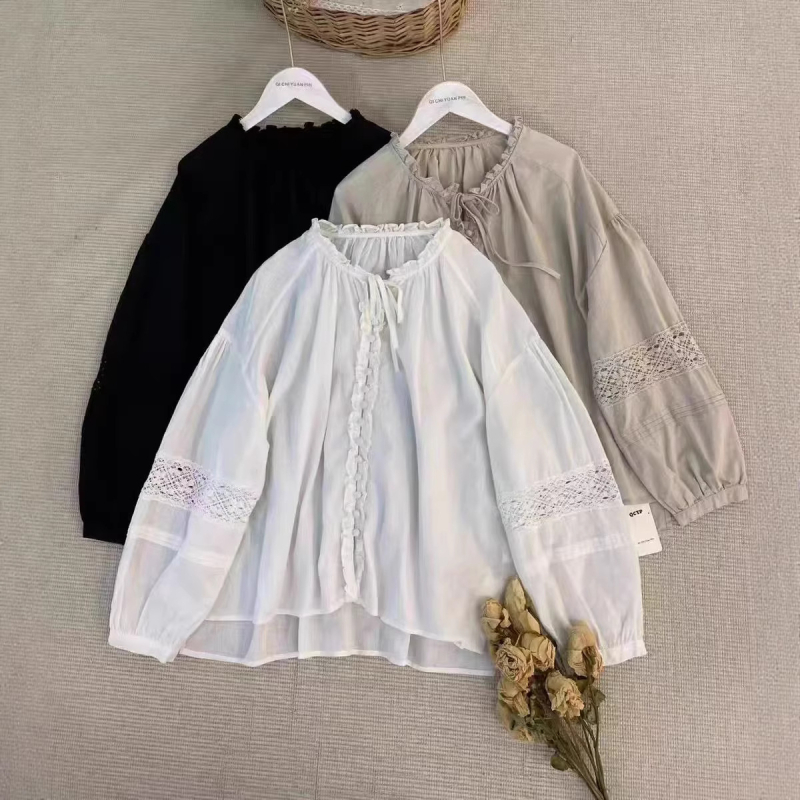 Mori Girl stil: čipkasti ovratnik s vezom, puff rukavi, košulja od pamuka i lana, dugi rukavi, proljeće, slobodan kroj
