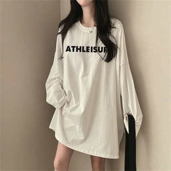 Ženski T-shirt u američko-korejskom stilu, 2024 nova, 100% pamuk, okrugli vrat, dugi rukavi, srednje dužine, za jesen