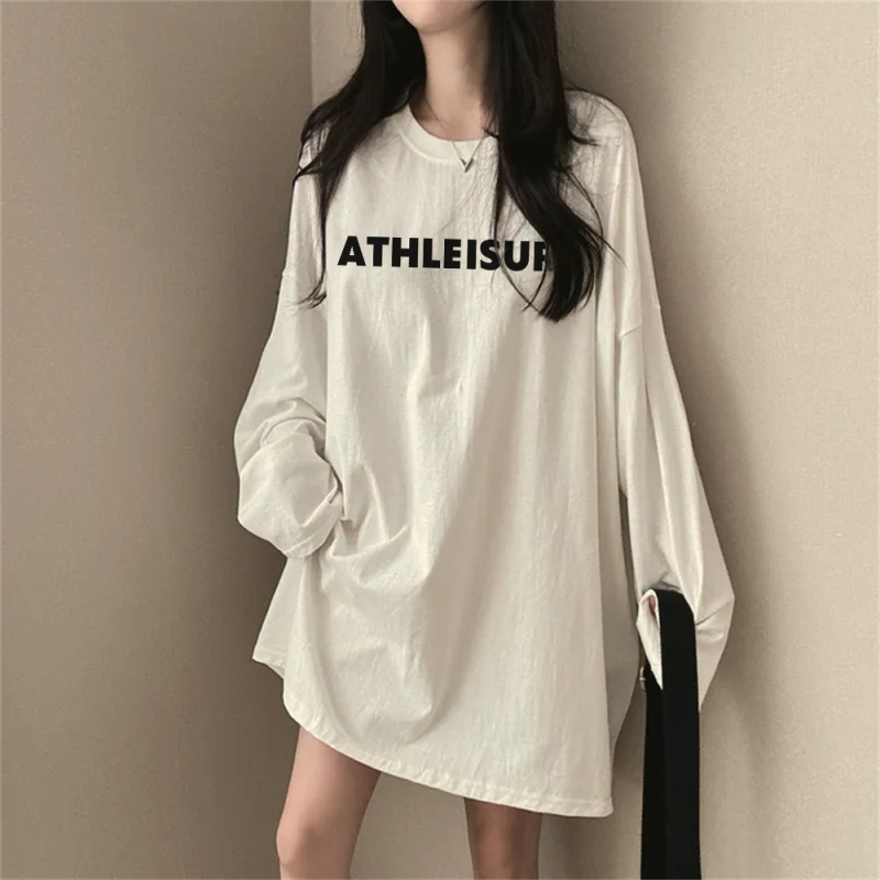 Ženski T-shirt u američko-korejskom stilu, 2024 nova, 100% pamuk, okrugli vrat, dugi rukavi, srednje dužine, za jesen