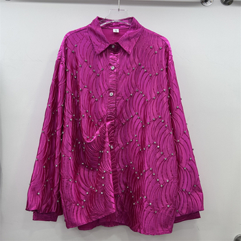 Ženska bluza s perlama u valovitom uzorku, s reverom, srednje duljine, proljeće-jesen, casual stil