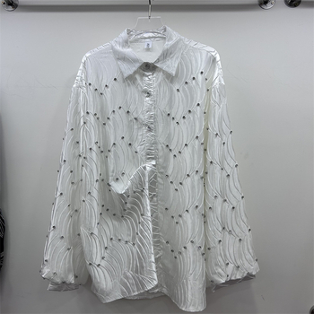 Ženska bluza s perlama u valovitom uzorku, s reverom, srednje duljine, proljeće-jesen, casual stil