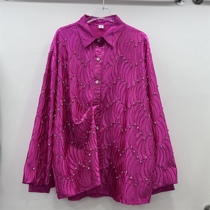 Ženska bluza s perlama u valovitom uzorku, s reverom, srednje duljine, proljeće-jesen, casual stil