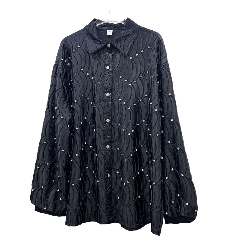 Ženska bluza s perlama u valovitom uzorku, s reverom, srednje duljine, proljeće-jesen, casual stil