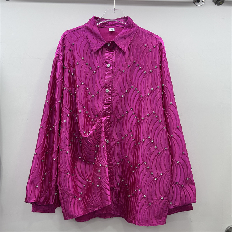 Ženska bluza s perlama u valovitom uzorku, s reverom, srednje duljine, proljeće-jesen, casual stil