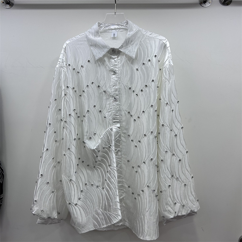 Ženska bluza s perlama u valovitom uzorku, s reverom, srednje duljine, proljeće-jesen, casual stil