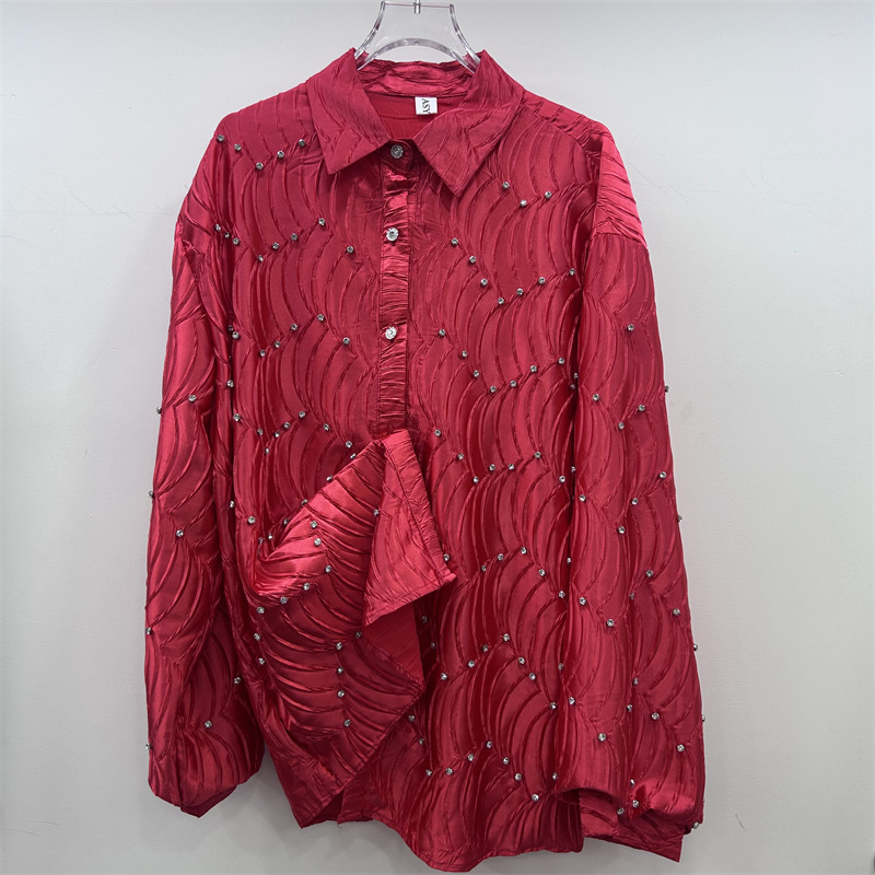 Ženska bluza s perlama u valovitom uzorku, s reverom, srednje duljine, proljeće-jesen, casual stil
